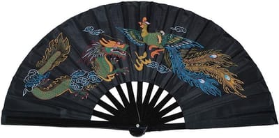 Bamboefan voor Tai Chi en Dans, Zwart met Draak en Feniks Motief, Perfect voor Meditatie en Yoga