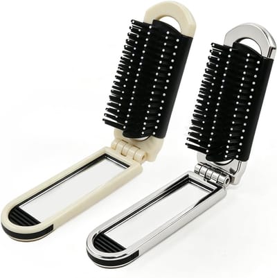 Inklapbare haarborstel met afneembare spiegel - mini-haarborstel met flexibele borstels, ideaal voor dagelijks gebruik en op reis, lichtgewicht en draagbaar