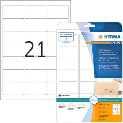Etiket HERMA 8670 A4 63.5x38.1mm folie transparant mat 525 stuks