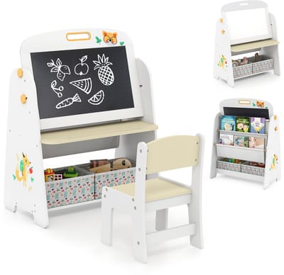 COSTWAY Kinderezel met stoel, kinderbord met boekenplank, magnetisch krijtbord en wit bord, dubbelzijdig speelbord met stoffen doos, bord voor kinderen, om te tekenen, lezen en schrijven (natuur)