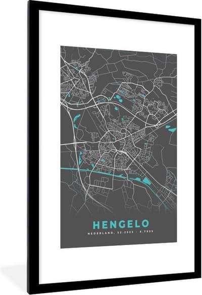 Fotolijst incl. Poster - Plattegrond - Hengelo - Grijs - Blauw - 80x120 cm - Posterlijst - Stadskaart
