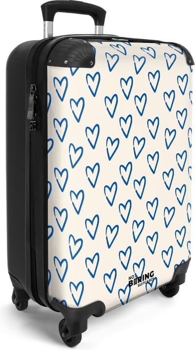 NoBoringSuitcases.com® - Handbagage reis koffer lichtgewicht - Reiskoffer trolley - Wit met blauw hartjes patroon - Rolkoffer op wieltjes - Valiezen reistrolley koffertje volwassesen - Past binnen 55x40x20 en 55x35x25
