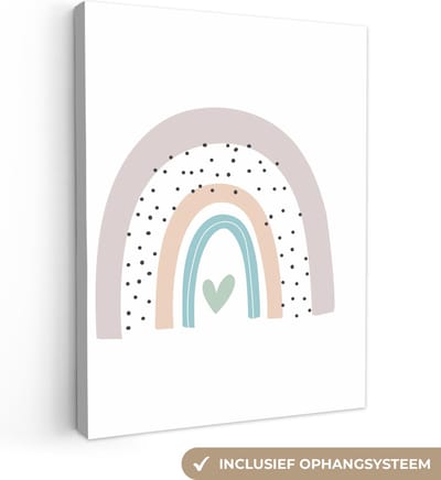 Canvas kinderen - Wanddecoratie kinderkamers - Regenboog - Pastel - Stippen - Hartje - Canvas doek kids - Canvas kinderen - 30x40 cm