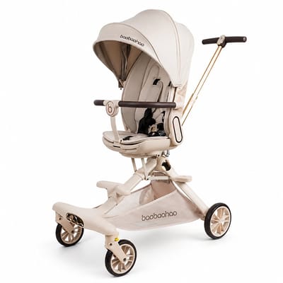 Baobaohao V16 Luxe Kinderbuggy – 360° Draaibaar Zitje – Verstelbare Rugleuning – Opvouwbaar – Beige/Goud