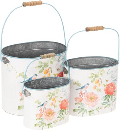 Ovale vintage bloempot voor lentedecoratie, metaal, 26/22/17 cm, set v
