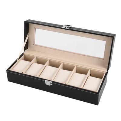 Axbo Luxe Horloge Doos – Opbergdoos – 6 Vakken – Sieradendoos – Kist – Fluwelen Voering – Verwijderbaar Kussens – Watch Box – Leder – Leer – Zwart