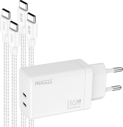 Phreeze GaN charger 65 W - Usb C laptop oplader met 2 usb C kabels - Power Delivery dual port adapter