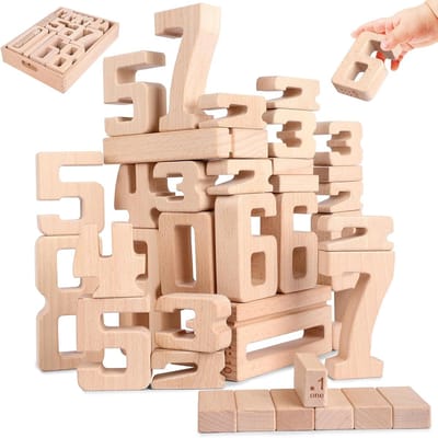 Houten Cijferblokken - Wiskundeblokken Speelgoed - Cijfers Leren - Grote Houten Blokken - 33x24x5 cm