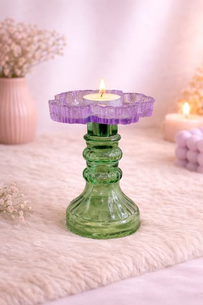 Glazen Waxinelichthouder in Groen & Paars – Speels, Chic & Bloemig | Viva Femme | Kaarsen | Waxinelichthouder | Kandelaar | Decoratie | Cadeau | Wonen | Lente
