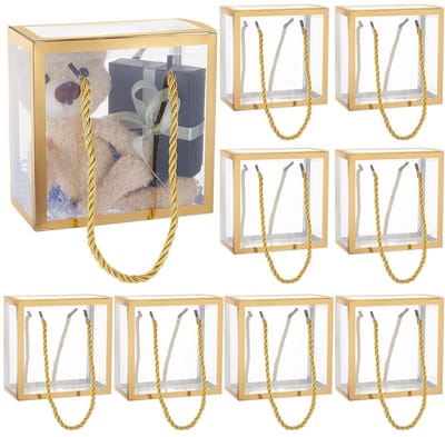 Dailygoods- Geschenkdozen met deksel - 10 sets transparant - 7,4 x 14,1 x 14,1 cm - Gouden rand - Handvat voor snoep/chocolade - Feestartikelen - Traktatiedozen
