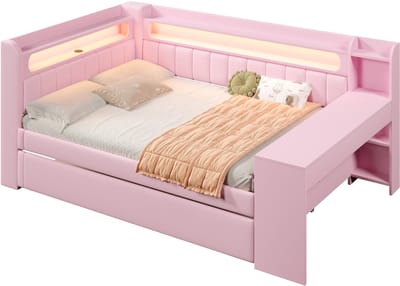 Gestoffeerd dagbed 140x200 - roze bed met uitschuifbed - bed met ingebouwd bureau - USB en 7-kleurige ledverlichting - voor slaapkamer