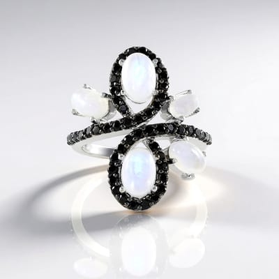Cavill - 925 Sterling Zilver Ring met Platinum Coating - 4,378 Ct Ovale Regenboog Maansteen & Zwarte Spinel - Elegante Cabochon Edelsteen Ring