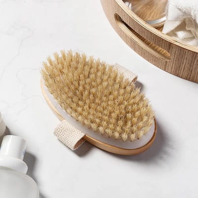 1 brosse à poils naturels douce pour peau sèche et humide, spa, bain, massage, éponge exfoliante pour la maison beige