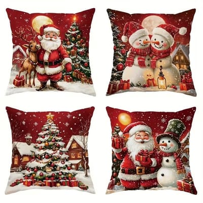 K&R Ventures® Kerst Kussenhoezen – Set van 4 Stuks – Kussenslopen 45x45 cm – Rood & Wit – Santa Claus, Rendier, Boom & Sneeuwpop – Zachte Kerstdecoratie voor Bank, Woonkamer & Slaapkamer (zonder inlegkussen)