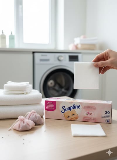 Soupline Droogtrommeldoekjes Zacht & Verzorgend – 20 Wasdoekjes – Frisse Geur & Extra Zachtheid voor Wasgoed