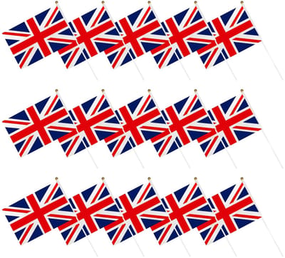 15 Stuks Wavy Vlaggen met Union Jack, Feestdecoratie voor Koninklijke Vieringen en Sportevenementen, 14 x 21 cm