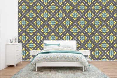 Behang - Fotobehang Design - Ruit - Bloemen - Grijs - Breedte 400 cm x hoogte 240 cm