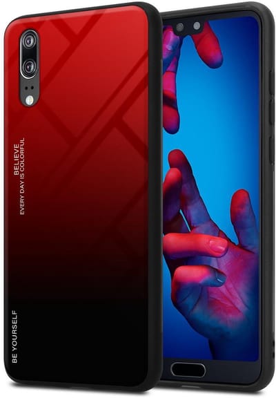 Cadorabo Hoesje geschikt voor Huawei P20 in ROOD - ZWART - Tweekleurige beschermhoes van TPU-silicone Case Cover en achterzijde van gehard glas