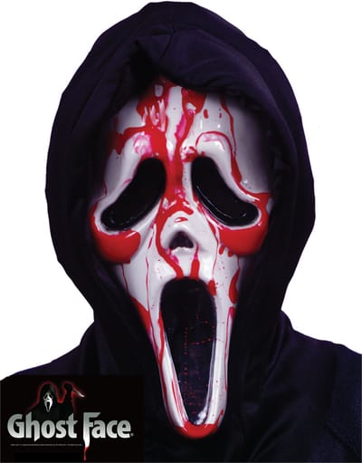 Fun World Bloedend Ghostface Masker met Capuchon, Handpompje en Nepbloed Scream Masker Volwassenen Halloween Masker voor bij Halloween Kostuum Volwassenen voor bij Scream Kostuum - Officiële Licentie - Masker met Capuchon/Handpomp/59,14 ml Nepbloed