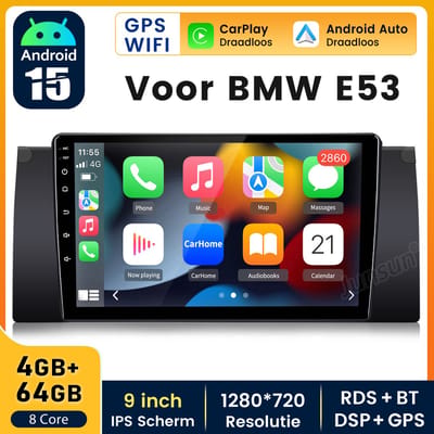 HexinexMarket 9" Autoradio Geschikt voor BMW E53 - Draadloos CarPlay, Android Auto, multimediaspeler, Android 15, GPS, WIFI, DSP, 4GB+64GB