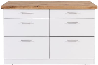 Vente-unique Keukeneiland met 6 lades van mdf en metaal - Wit en licht naturel - ALEGRITA L 126 cm x H 80 cm x D 104 cm