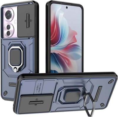 Geschikt voor Oppo Reno 11F 5G - Schuifcamera - Ringhouder met Kickstand - Back Cover Hoesje - Blauw