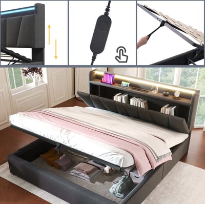 MEUNIQ tweepersoonsbed 140x200 cm met opbergruimte, verstelbaar hoofdeinde, LED-verlichting, USB en stopcontacten, houten lattenbodem, grijs