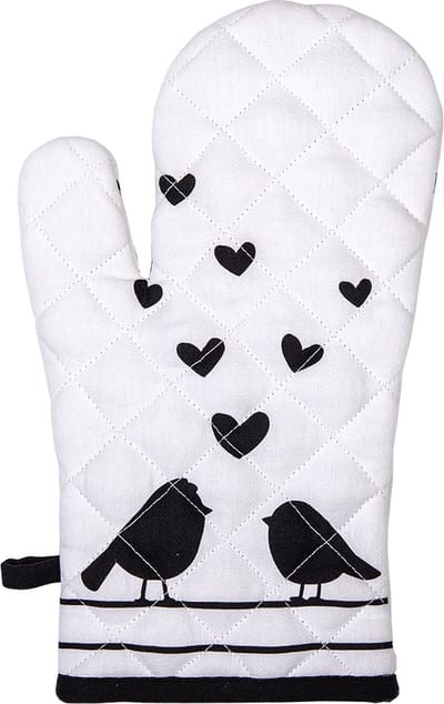 Clayre & Eef Ovenwant 18x30 cm Wit Zwart Katoen Harten Vogels