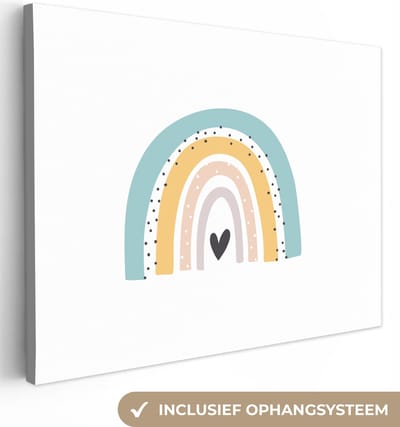 Kinderkamer decoratie - Canvas kids - Regenboog - Meiden - Jongens - Pastel - Hartje - Canvas schilderij kinderen - Wanddecoratie kinderkamers - 40x30 cm