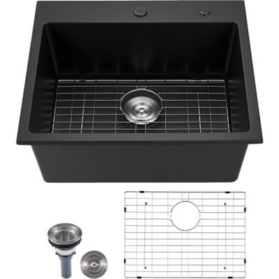 VEVOR Granieten Keuken Spoelbak (635 x 559 x 254 mm) voor Opbouwmontage, Inbouw Spoelbak in Landelijke Stijl met Accessoires, Huishoudelijke Spoelbak voor Campers, Voorbereidingskeukens, Bars, Zwart