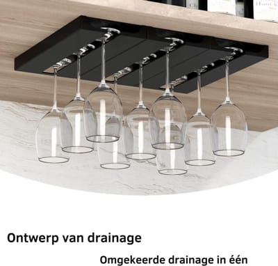 Aura® Ophangrek Wijnglazen - Wijnglazenhouder – Metalen Wijnglazenrek - Zwart - ‎26cm x 11cm x 2cm