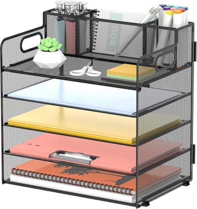 Bureau Organizer met 3/5-laags Papieren Brievenbak en Pennenhouders - Ruimtebesparende Oplossing voor Kantoor en School