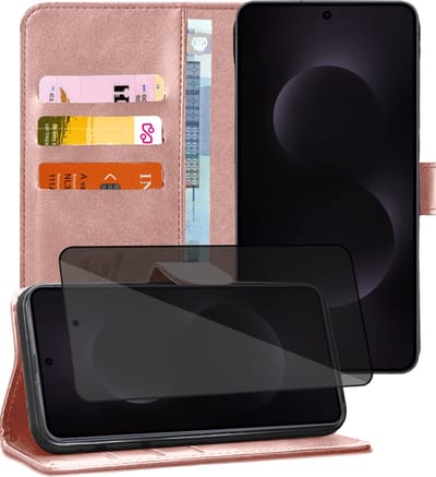 Hoesje geschikt voor Samsung Galaxy S25 Edge - Privacy Screenprotector Volledig Dekkend Glas - Portemonnee Book Case Rosegoud