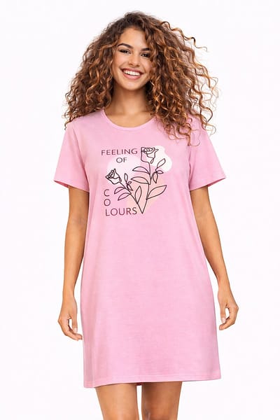 Comtessa - Dames Nachthemd Korte Mouw - Katoen - Pink Flowers - Maat 40