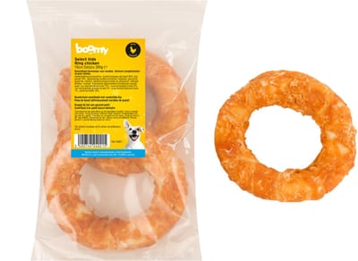 Boomy - Hondensnacks - Hondensnoepjes - Kauwbotten hond - Kauwstaaf hond - Runderhuid kauwring omhult met kip - 15cm - 2st - 300g