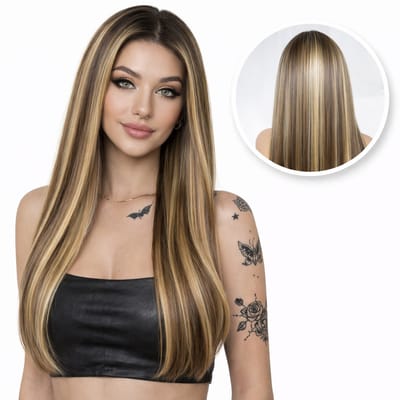 SassyGoods® Pruik - Pruiken Dames Lang Haar - Bruine Lace Wig - Luxe Blonde & Licht Bruin Highlights - Wasbaar - 75 cm