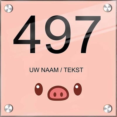 Huisnummer naambord plexiglas 15x15x0,5cm Varkentje design - met naam bedrukken Huisnummerbordjes, Naambordje voordeur, naamplaatje voordeur, huisnummer bord, huisnummer borden