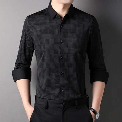 Overhemd Heren Herfst Nieuw Heren Koreaanse Stijl Revers Lange Mouw Overhemd Zakelijk Casual Patroon Heren T-shirt Onderhemd 4XL black