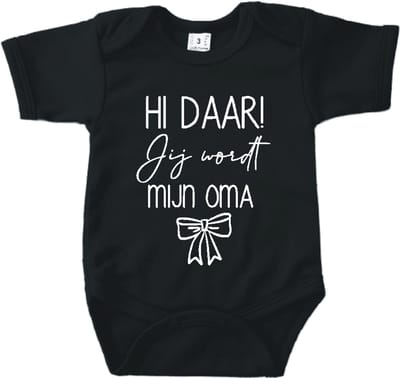 Baby romper met tekst zwangerschap aankondiging | Hi daar jij wordt mijn Oma met strik zwart | korte mouw | maat 56 cadeautje zwangerschap aankondiging bekendmaking | Cadeautje 100% katoen.