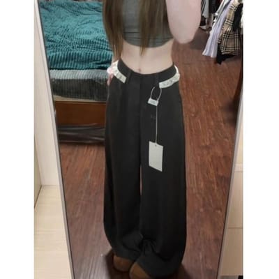 Design-sensuele Grijze Kant Pakbroek Zomer Casual Drapé Rechtvallend Vloerlengte Veelzijdig Wijde Pijpen XL black