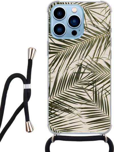 Hoesje met koord - Geschikt voor iPhone 13 Pro - Palmbladeren - Verstelbaar zwart koord - Transparant, Groen - Natuur - Leuke Telefoonhoesjes