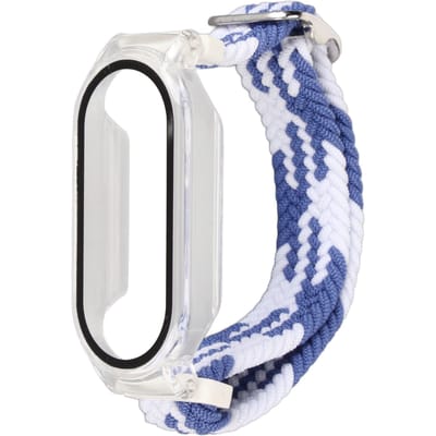 Zachte Gevlochten Nylon Horlogeband met Bumper Case Schermbeschermer Accessoire Geschikt voor Mi Band 7 Veelkleurig en Blue White and Transparent Case white
