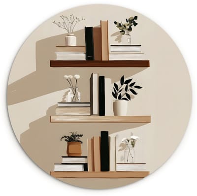 WallCircle® Wandcirkel 120x120 cm - Muurcirkel Plankjes - Boeken - Vaasjes - Planten - Muurdecoratie woonkamer - Wanddecoratie slaapkamer - Kamer decoratie accessoires - Ronde schilderijen XXL