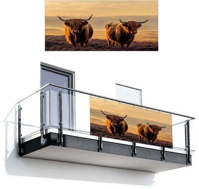 Balkonscherm 200x90 cm - Balkonposter Schotse hooglanders - Heide - Landschap - Dieren - Balkon scherm decoratie - Balkonschermen - Balkondoek zonnescherm