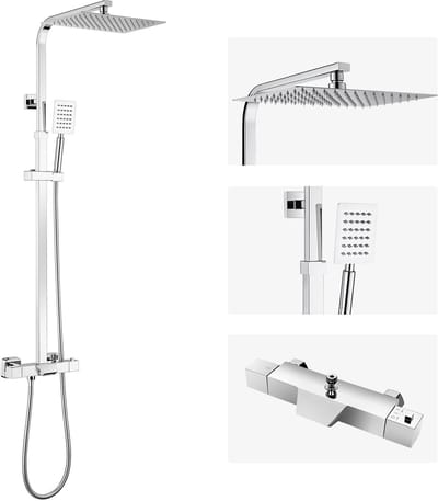 Auralum max Regendouche met Thermostaatkraan - Chroom Douche Set - Hoofddouche & Neerwaartse Waterval - Verstelbaar Regendouche voor Badkamer - RVS Douchesysteem