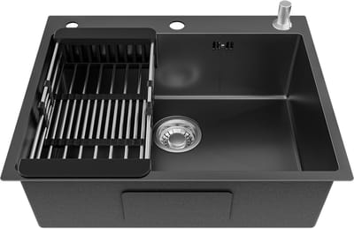 CECIPA max Spoelbak Keuken 60x49CM - Inbouwspoelbak - Gootsteen RVS - Spoelbak Met Kraangat - Spoelbak Met Zeepdispenser - Verstelbaar Mandje - Overloop en Sifon - Antraciet