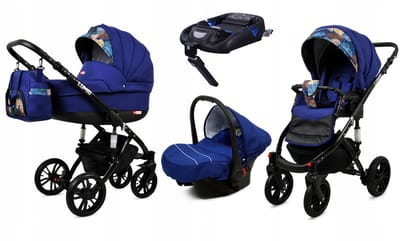BabyLux® Kinderwagen 4in1 – LUMIO - SAILOR BLUE BLACK FRAME - Opklapbare Wandelwagen incl. Reiswieg, Multifunctionele Buggy Sportstoel, Autostoel, ISOFIX basisstation - Combi-kinderwagen met Luiertas, Regenhoes, Klamboe