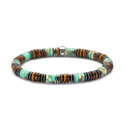 Frank 1967 - 7FB-0770 - kralenarmband heren - groene slangsteen, hematiet, tijgeroog - 19 cm