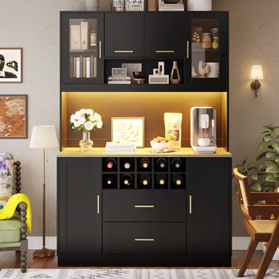 MODFU Opbergkast Met Ledverlichting En Stopcontact - Zes Deuren - Twee Grote Lades - Mdf En Metaal - Zwart - 120 X 36,3 X 180 Cm