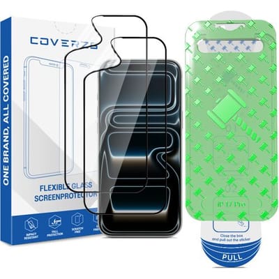 Coverzs Flexibel PMMA Glass Screenprotector met frame (2-pack) geschikt voor iPhone 17 Pro – Flexibel Glas – Beschermfolie met Montageframe – Krasbestendige Schermbescherming